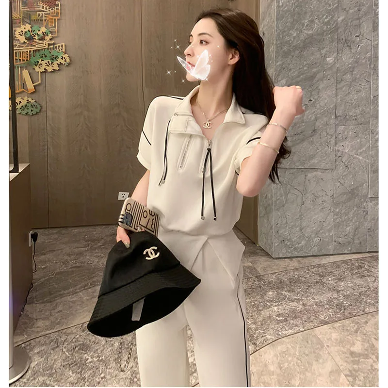 Women's Summer Suit Sports Leisure Suit Women's Loose Versatile Short-Sleeved Wide-Leg Pants Comfortable Casual Two-Piece Suit