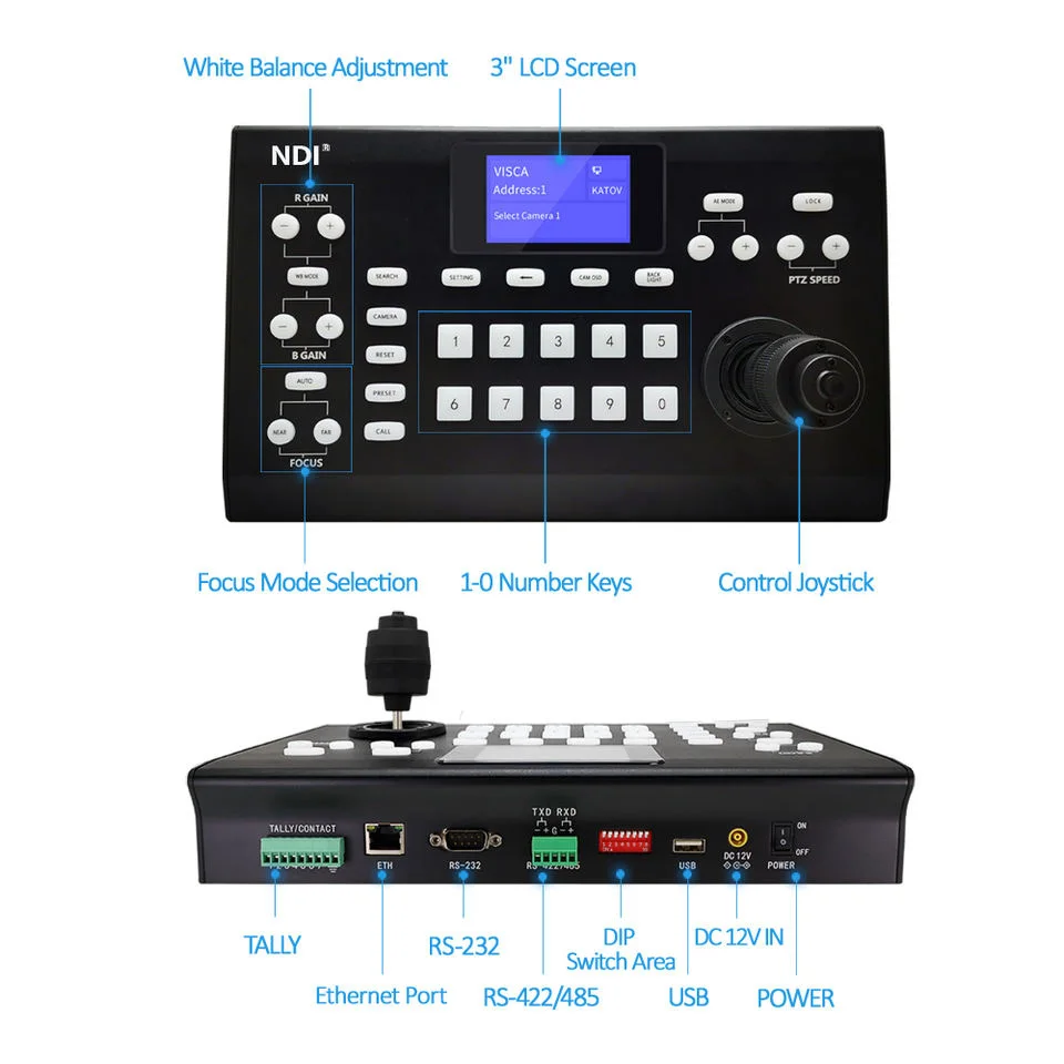 NDI Live Streaming PTZ Controller Keyboard Joystick Support Onvif Visca for Video Conference PTZ Camera control with Tally Light