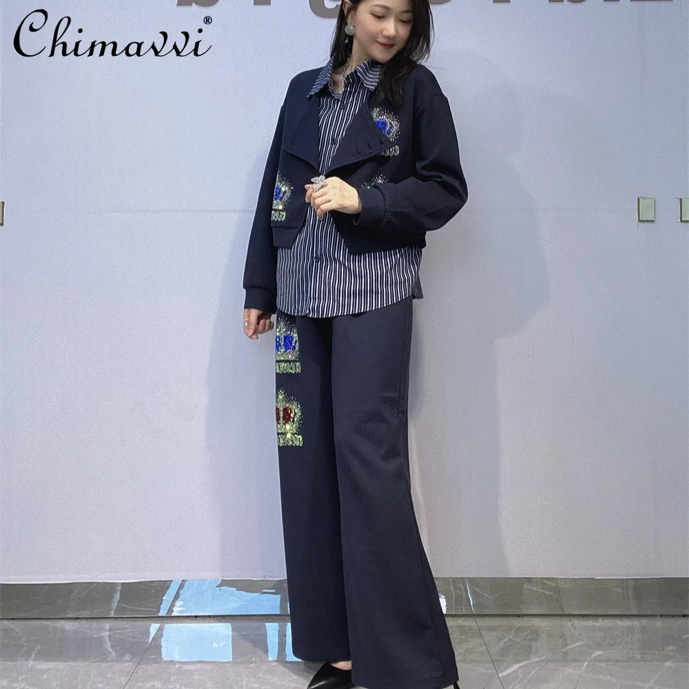 

Oversized European Striped Shirt Fake Two-Piece Top Wide-Leg Pants Casual Set Women Autumn Heavy Rhinestone Women Two-Piece Set