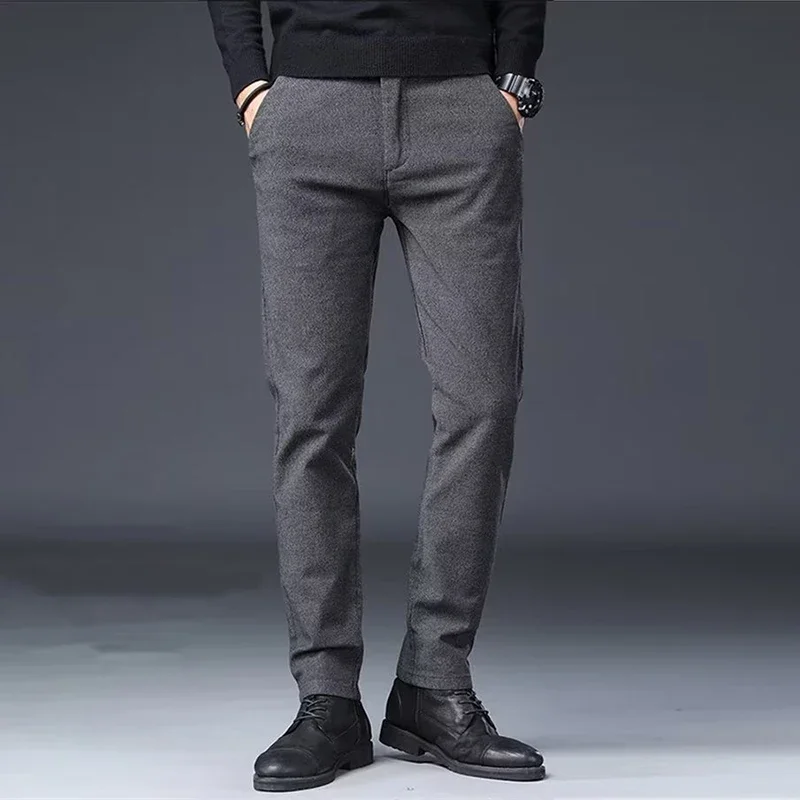 Autumn Winter Men\'s High Quality Brand Business Casual Pants Straight Leg Narrow Leg Fleece Thermal Elastic Waist Trousers Male