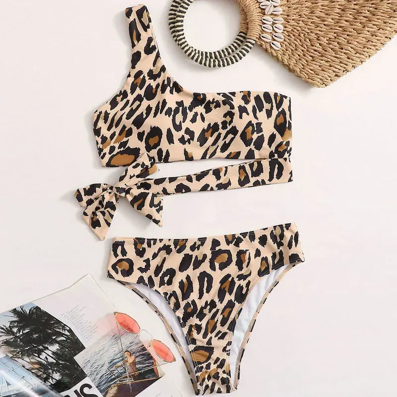 Vintage Classic Leopard Print Swimwear Women One Shoulder Bandage Split Bathing Suit Bikini Set Summer Two Piece Beach Swimsuit