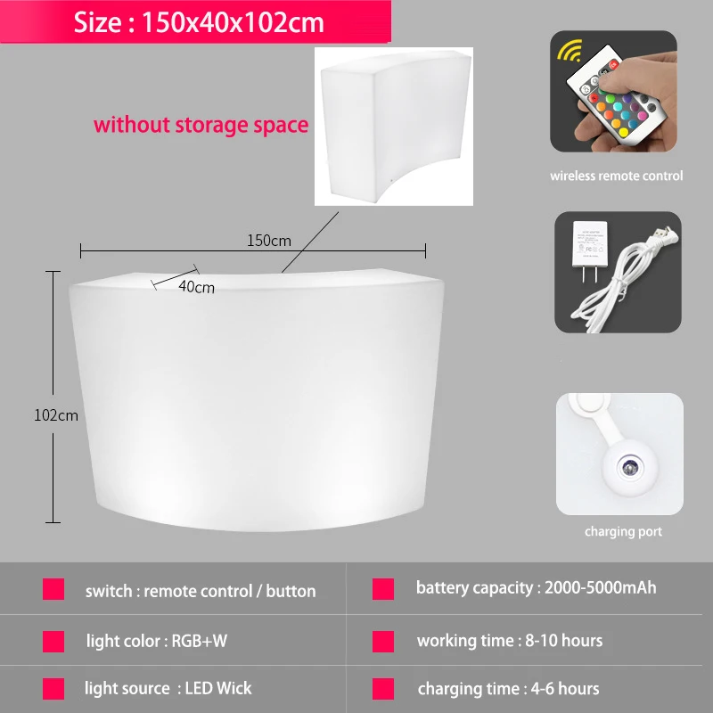 LED Arc Bar Counter, 150*40*102cm,Plastic Curved  Bar Table, Free Match As A Set,Riq-BT150a