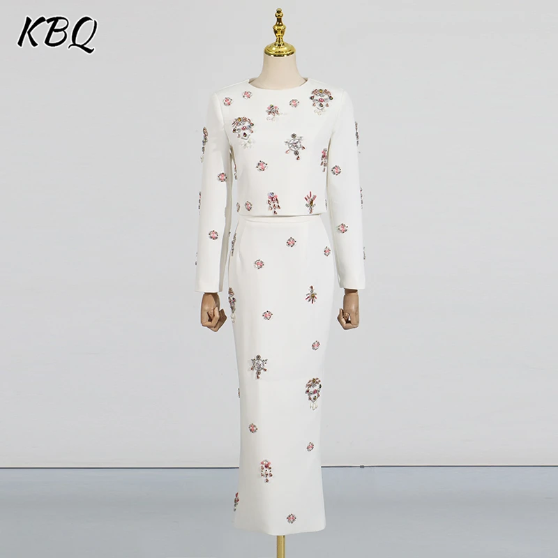 

KBQ Spliced Diamonds Two Piece Sets For Women Round Neck Long Sleeve Short Top High Waist A Line Skirt Elegant Sett Female New