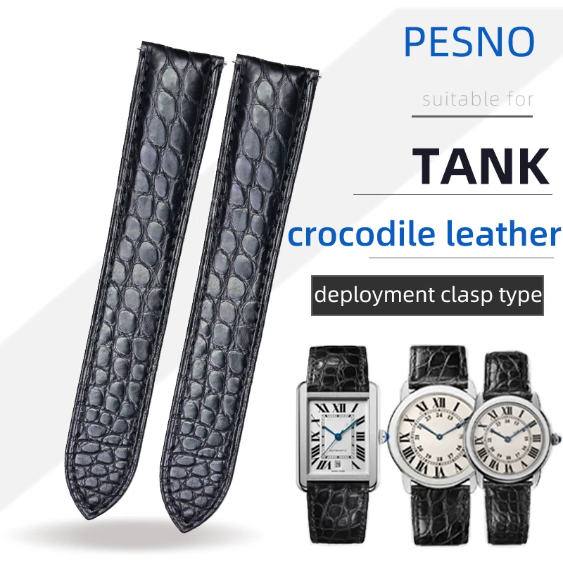 

PESNO Suitable for Tank American Skin Crocodile Leather Round Grain Black Watch Bands Strap Accessories 18 20 23mm