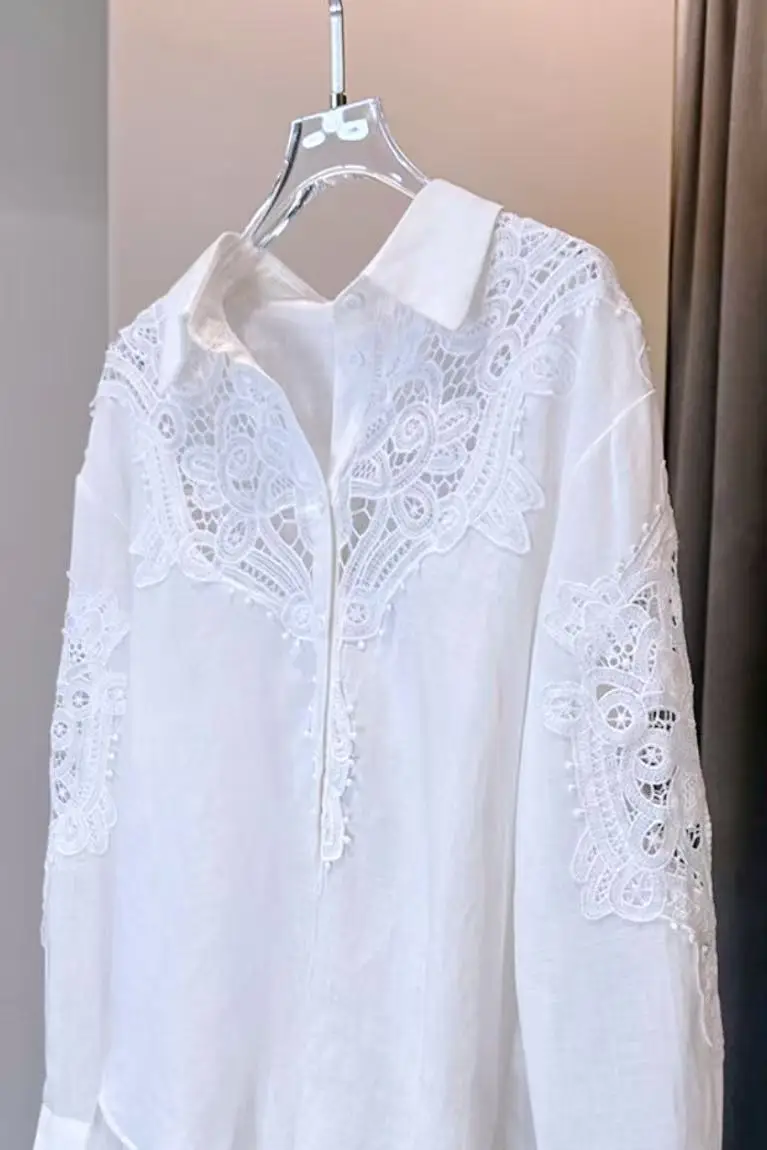 เสื้อเบลาส์ผ้าฝ้ายสีขาวปักเลื่อมฉลุลายแบรนด์หรู ดีไซน์แขนยาวทรงหลวมสไตล์ลำลองสำหรับผู้หญิง แฟชั่นปี 2025
