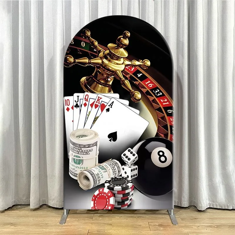 Elastic Double-layer Arch Backdrop Cover Casino Theme Backdrop Set Featuring Roulette Wheel Poker Cards and Slot Machine Design