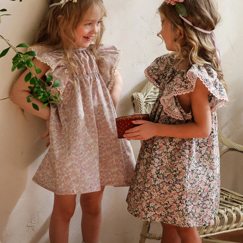 New Summer Kids Girls Floral Dress Toddler Lace Trim Flutter Sleeve A-Line Baby Girls Casual Sweet Ruffle Princess Dresses