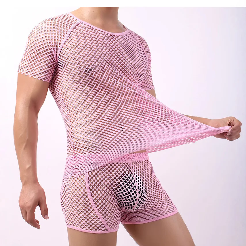 Perspective Big Mesh Men's T-shirt, Sexy, Transparent Fishing Net Hollow Top, Men Without Pants