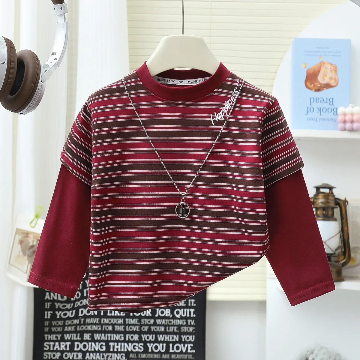 1-10 Jahre Herbst Kinder Fake-Zweiteiler Langarm-T-Shirt Baumwolle Gestreifte Oberteile für Jungen Mädchen Farbblockierung Warmes Kinder-Basis-T-Shirt – Detail 4