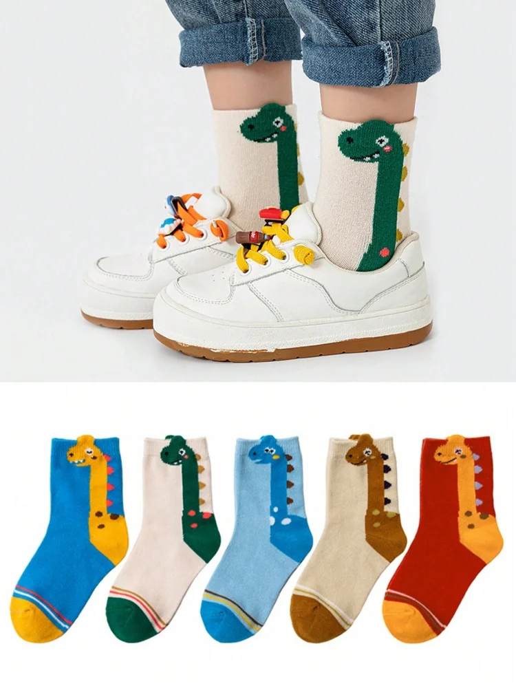 5 Pairs of Four-season Kidsren's Socks for Spring & Fall Seasons Cartoon Neck Dragon Dinosaur Boys and Girls Mid-calf Socks Baby Socks