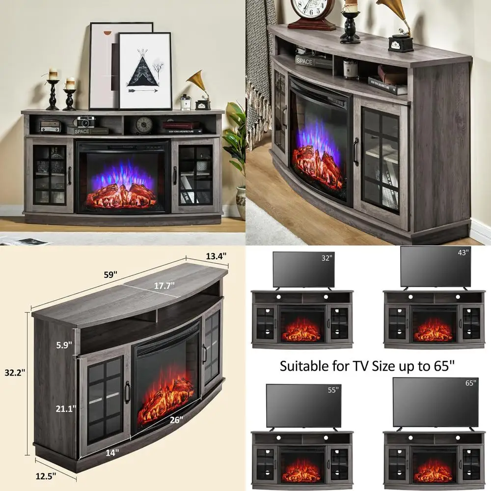 曲面電気暖炉付きテレビスタンド 26インチ、ファームハウススタイルのメディアセンター、ガラス扉収納キャビネット付き
