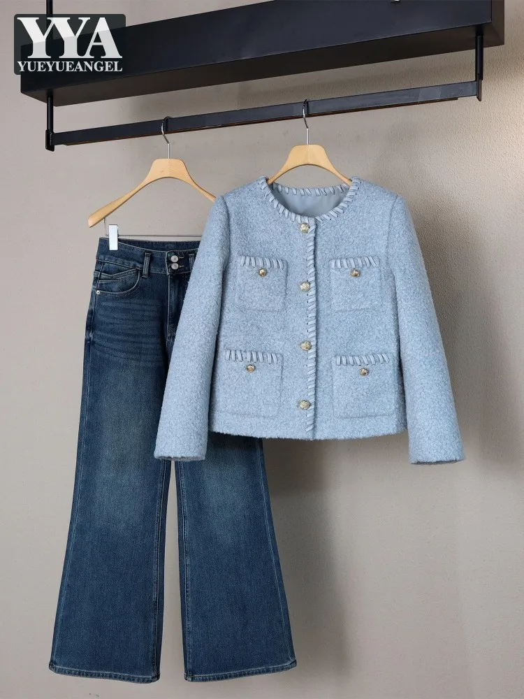 Winter Women Tweed Jacket Two Piece Set Long Sleeve O Neck Single Breasted Short Coat Wide Leg Jeans Matching Set Casual Outfits