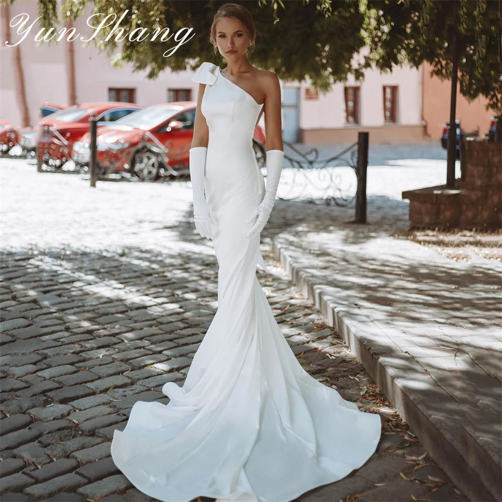 Yunshang Elegant Mermiad Wedding Dresses One Shoulder Bow Open Back Crepe Sleeveless Bridal Gown Sweep Train Vestidos De Novia