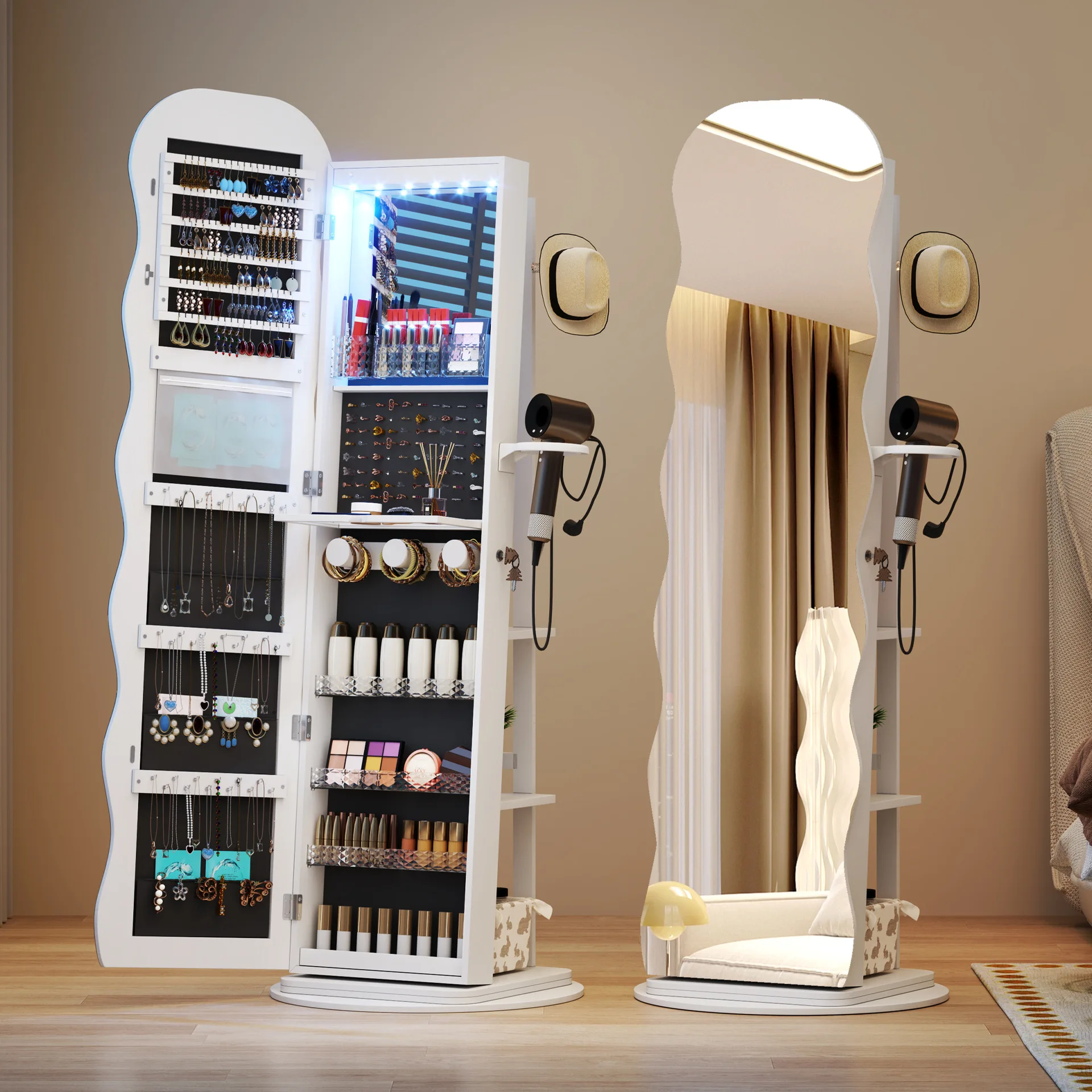 HYS rotating wave mirror jewelry cabinet lockable built-in folding shelf storage cabinet