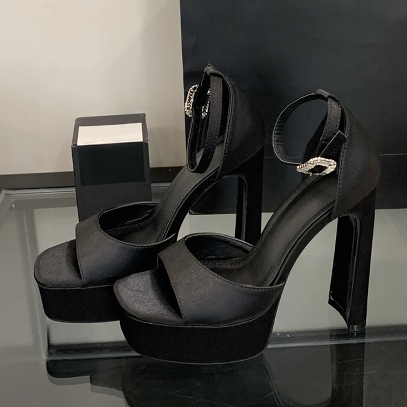 Women Fashion Shoes Sexy Style Black High Heels Platform Sandals for Women Cozy Silk Square Toe Buckle Strap Party Dress Shoes