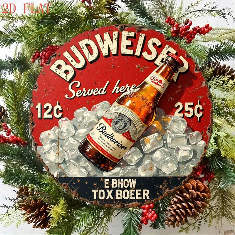 1 قطعة علامة حائط معدنية بشعار البيرة العتيقة - شعار ريترو مستدير 8 بوصة وتصميم مميز مع علامة تجارية مميزة باللون الأحمر والذهبي - / شريط خارجي