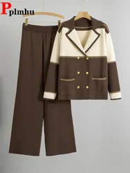 Korean Design Knitted 2 Piece Sets Women Lapel Neck Double Breasted Knitwears Sweater Cardigan Conjuntos High Waist Pants Outfit
