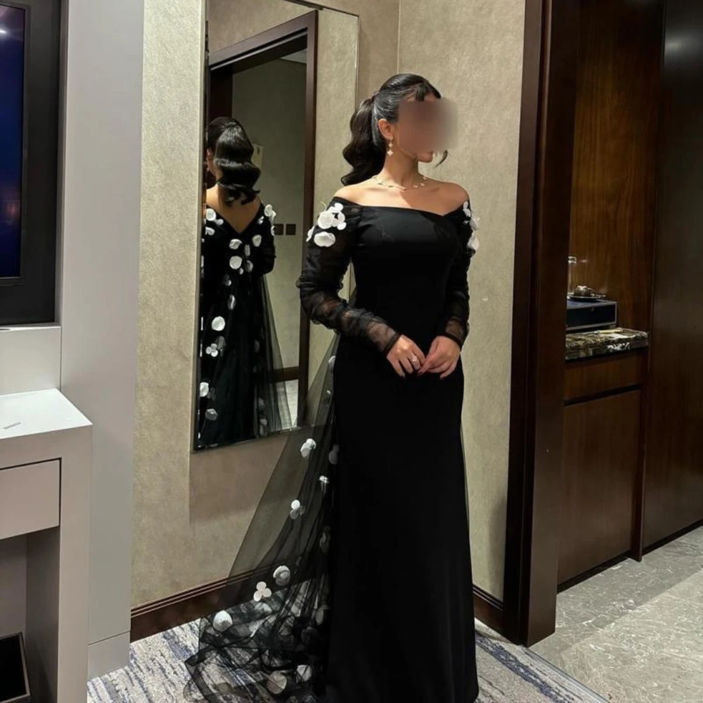 

Customized Boat Neckline Simple Jersey Evening Dress Contrast Color Flower Watteau Train Party Dress Floor Length Prom Gown