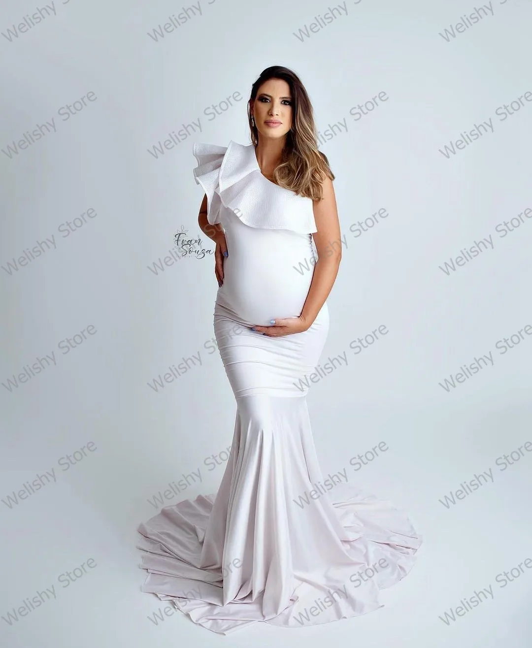 Sexy One Shoulder Ruffles Edge Maternity Prom Dress Long Mermaid Shape Tulle Dresses Round Train Pregnancy Photography Dressing