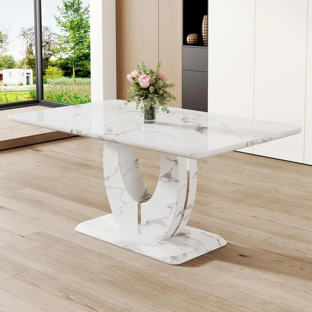 63”Modern Dining Table for 6,Rectangular Kitchen Table with Faux Marble Tabletop ＆ Ideal for Dining Room, Kitchen Room