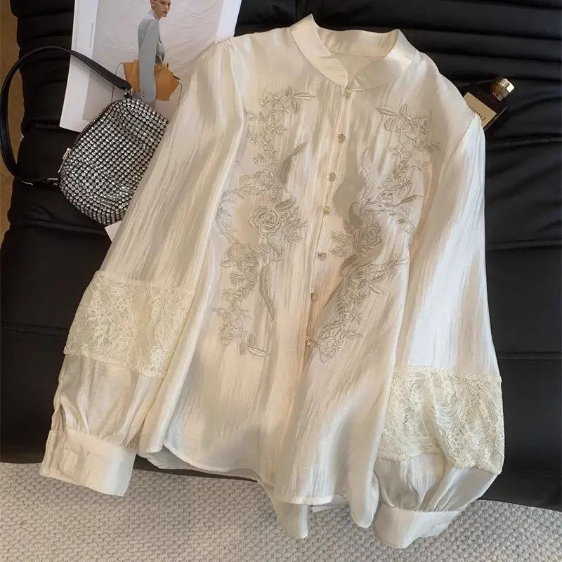 

New Chinese Style Heavy Embroidered Satin Blouses 2025 Early Autumn Shirt for Women All-match Long Sleeve Tops Mujer