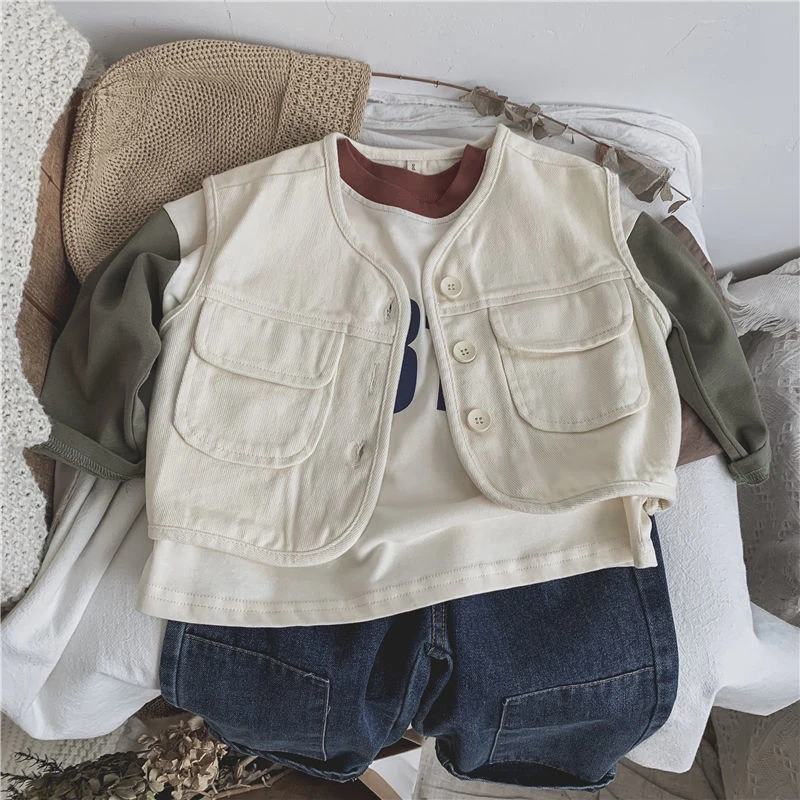 Kids Undershirts New Spring 2025 Patchwork Long Sleeve Baggy Fashion Korean Casual