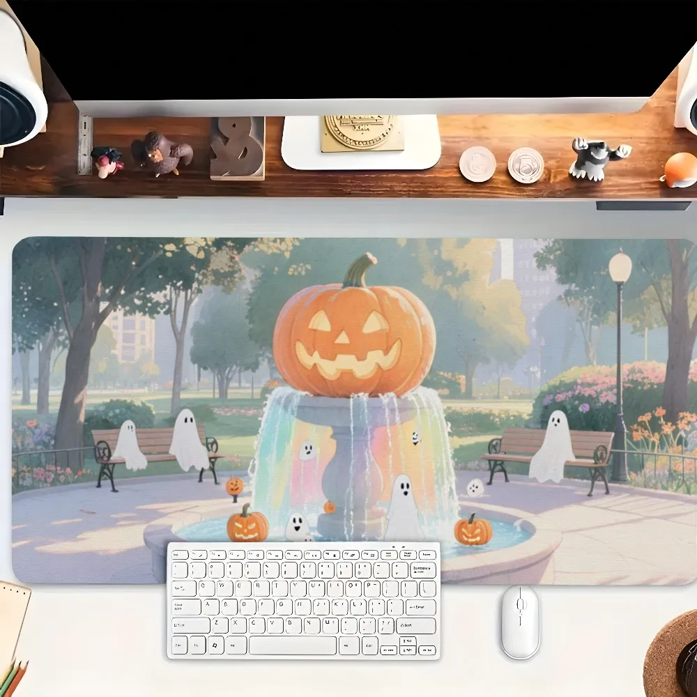 Halloween Themed Extra Large Gaming & Office Desk Mat - Jack-O-Lantern, Pumpkin, Ghost Design Mouse Pad for PC & Laptop