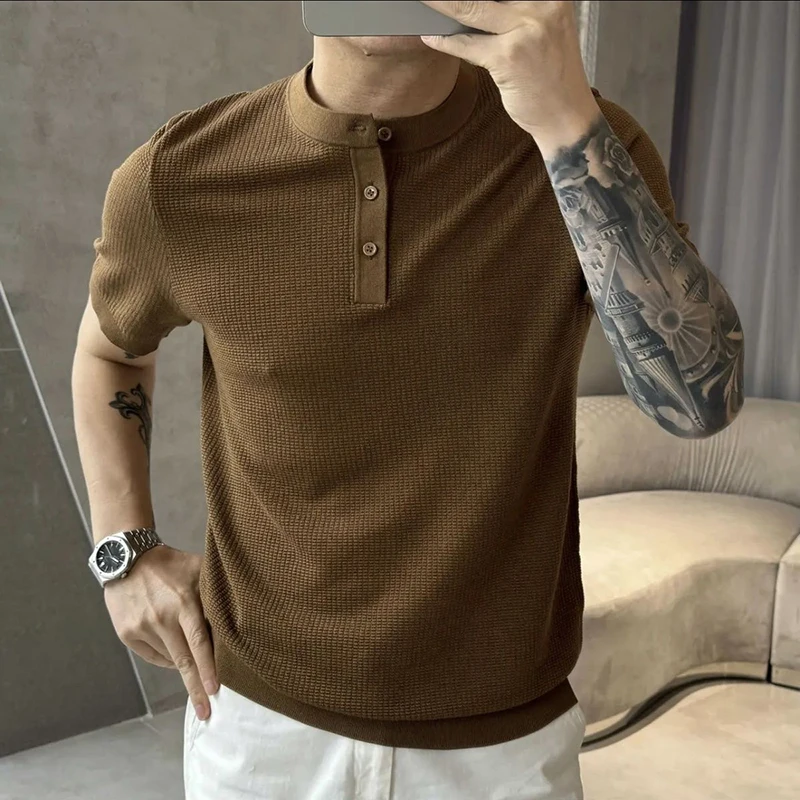Summer Short Sleeve Men Henry Collar Knitted T Shirt Cool Breathable Soft Fashion All-match 2xl Oversized Clothing Top Gym Daily