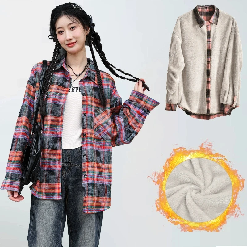 เสื้อเชิ้ตลายตารางฮาราจูกุทรงโอเวอร์ไซส์สำหรับผู้หญิง ฤดูใบไม้ร่วง ฤดูหนาว บุผ้ากำมะหยี่หนานุ่ม อุ่นสบาย เสื้อคลุมแฟชั่นสตรีทแวร์ Y2K เสื้อตัดต่อสีตัดกัน