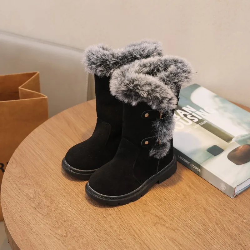 

Зимние сапоги для девочек, зимние детские модные подиумные сапоги, теплые пушистые детские повседневные плюшевые сапоги принцессы до середины икры, черные универсальные