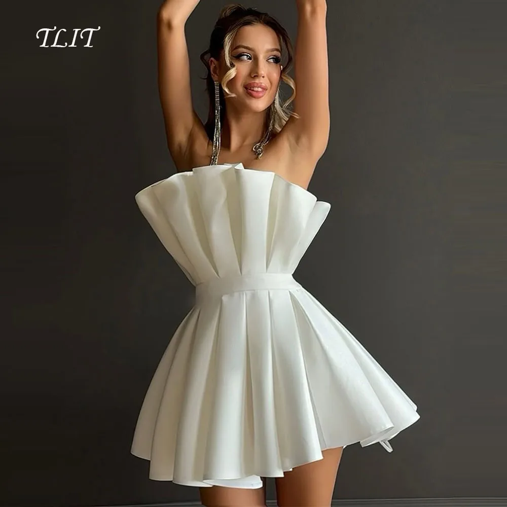 

TLIT Elegant White Short A-Line Evening Gown Dresses Strapless Prom Gowns Pleats Sleeveless Customized Corset Formal Party Dress