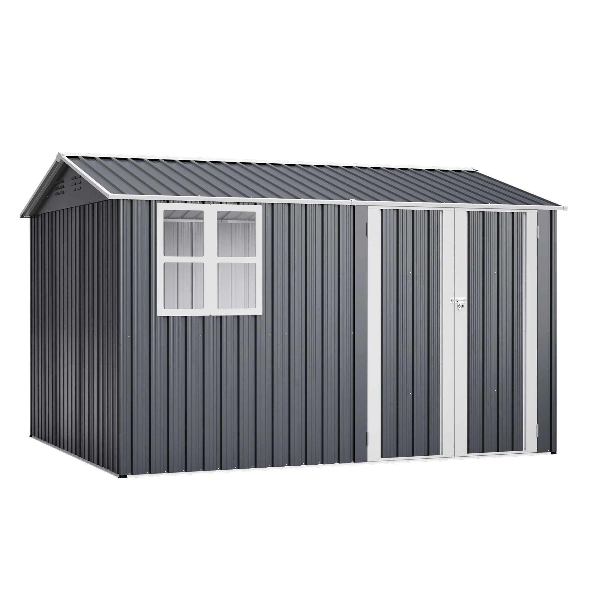 

Gray 10x8 FT Outdoor Steel Shed with Clear Window & Lockable Doors - Weather-Resistant Storage for Garden & Patio