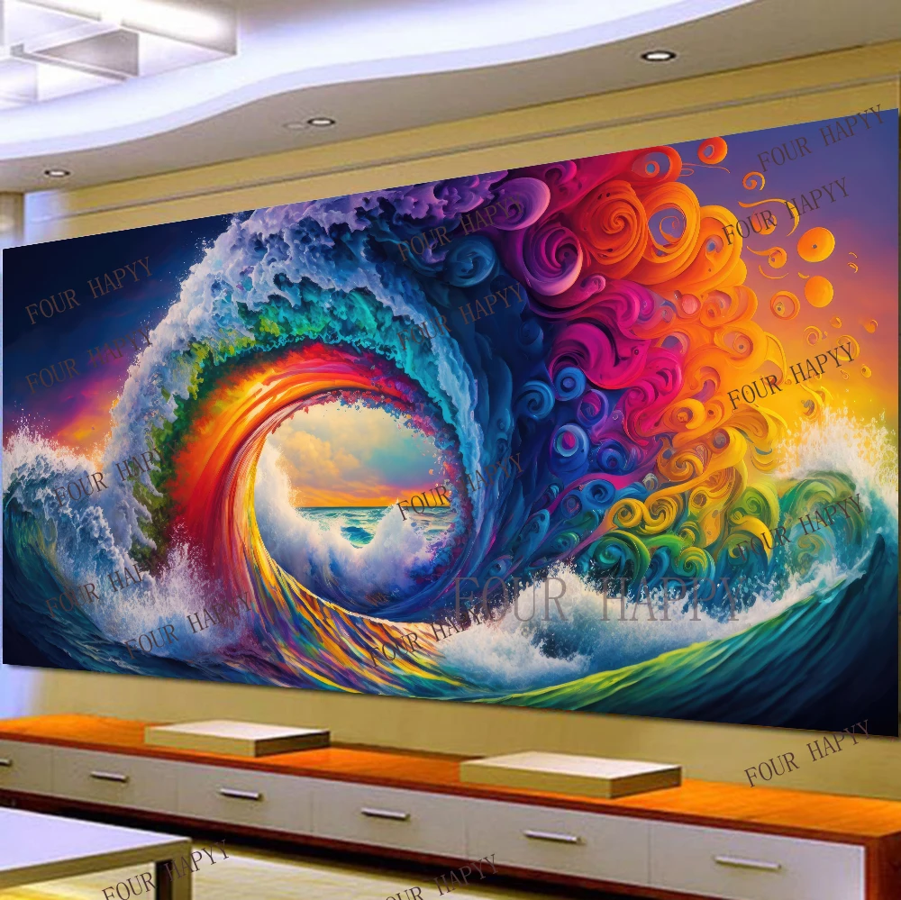 5D DIY Large Diamond Painting Cross Rainbow Colorful Sea Wave Landscape Wall Art, Full Round Drill, Embroidery Home Decor