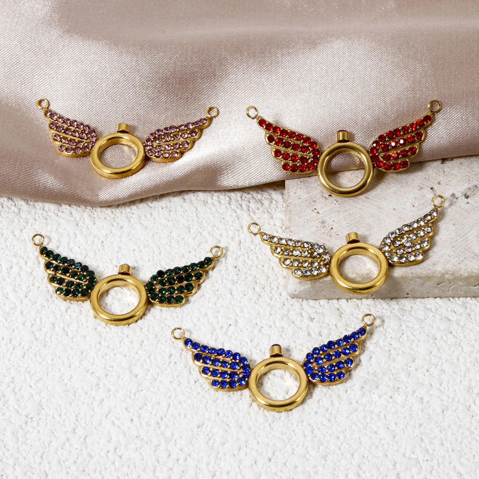 1pc Wings Stainless Steel Charms Gold Color Round Ring Multicolor Rhinestone Connector For Women DIY Necklace Jewelry Gift
