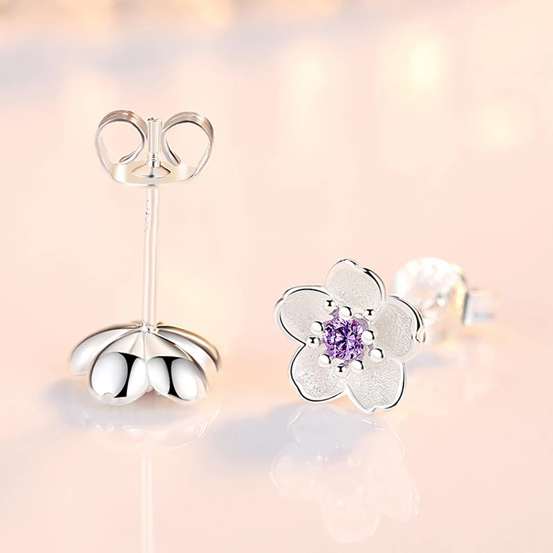 Girls' Lovely Flower Stud Earrings Romantic Cute Cherry Blossom Pink/Purple Zirconia Tiny Ear Piercing Jewelry Pastoral Style - Image 6