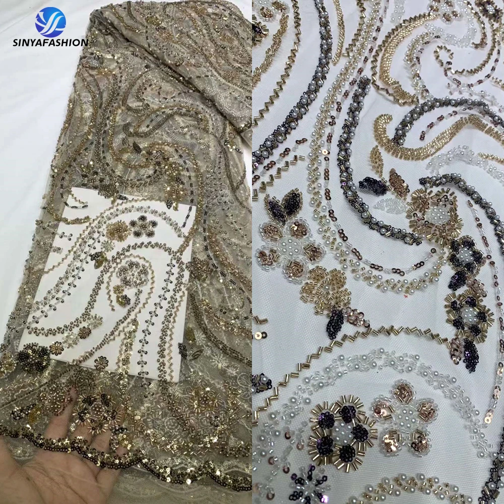 

High Quality French beads Sequins Lace Embroider Nigerian fabrics Woman Party beads sequins Dress