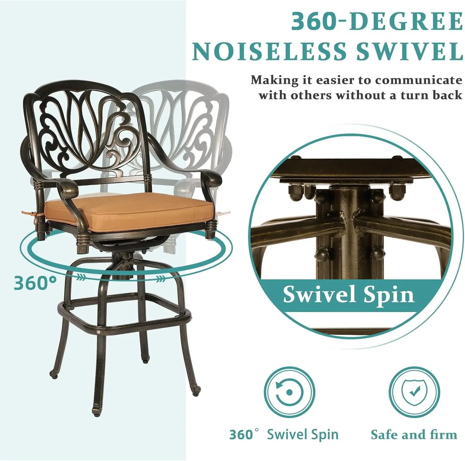 Outdoor Patio Swivel Bar Stools, All-Weather Cast Aluminum Bar Height Bistro Chairs, Furniture Bar Dining Chair Set with Cushion