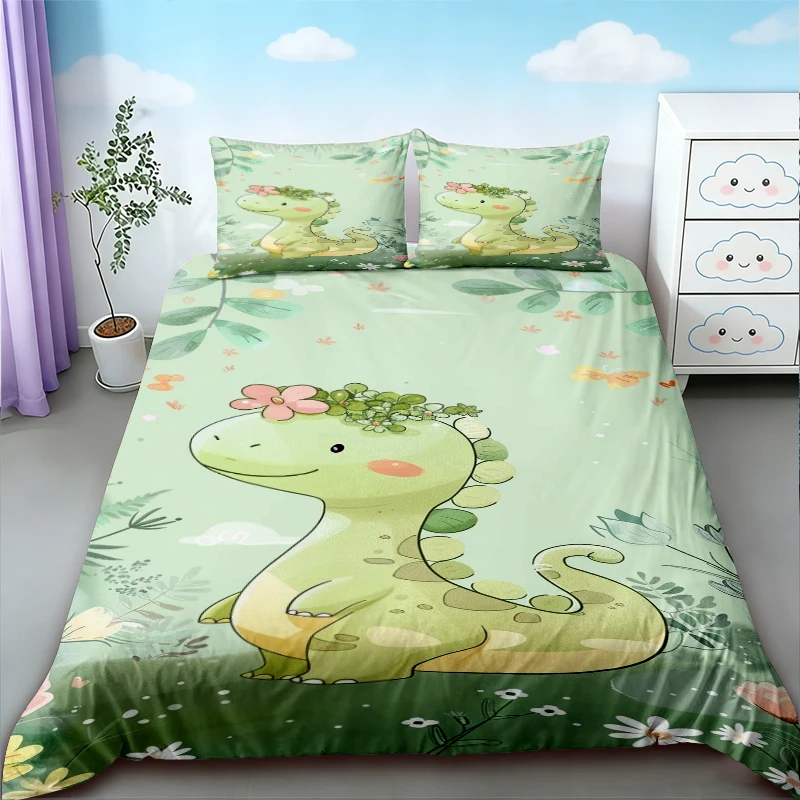 Duvet Cover Cute Dinosaur King Queen Kawaii Cartoon Wild Dino Bedding Set for Kids Boys Girls Jungle Animals Comforter Cover