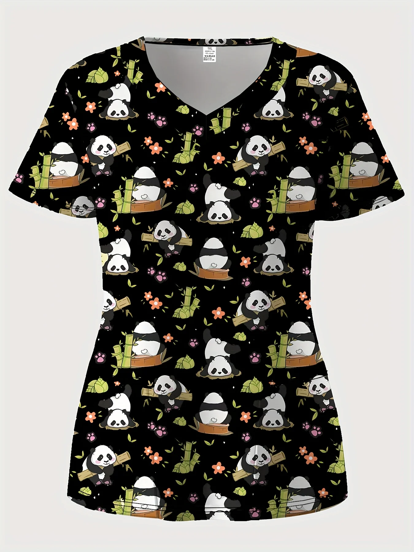 Rekbare damestop met V-hals en korte mouwen, schattige 3D-panda en bloemenprint, dubbele zakken - Comfortabel casual en gezondheidszorg