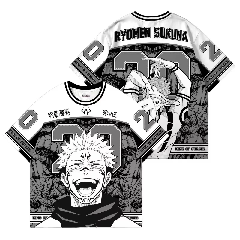 Image of Unisex Drop-Shoulder V-Ausschnitt Ryomen Sukuna Anime T-Shirt, Schwarz-Weiß Nummer 02 König der Fluchten Beidseitiger Manga-Druck T-Shirts