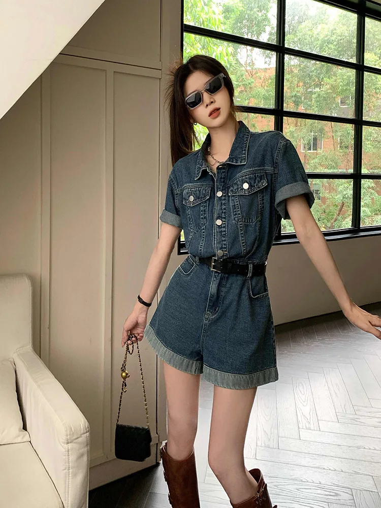 Women's Retro Denim Short Sleeved Jumpsuit Spring Summer New Waist Cinched Wide Leg Pants Fashion Lapel Large Pocket Jumpsuits