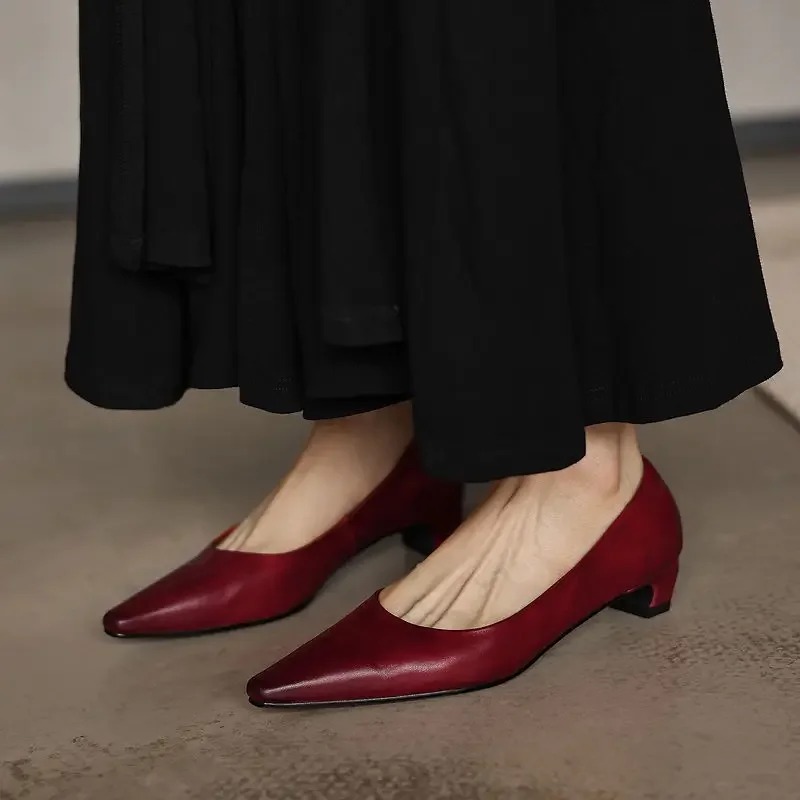 PYUXD Genuine Cowhide Leather Pumps Women Retro Pointed Toe Low Chunky Heel Shoes Hand-Brushed Color Shallow Slip-on Dress Shoes