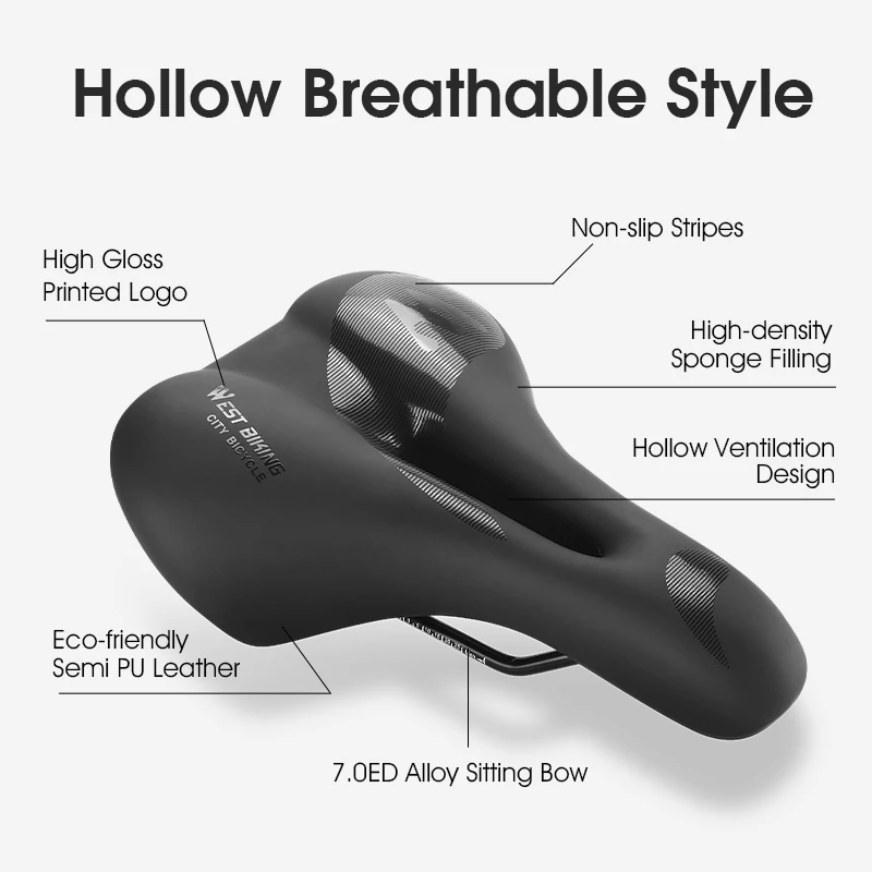 WEST BIKING Hollow Breathable Bicycle Saddle Shock Absorbing Thick Cushion Waterproof PU Leather Comfort Seat for MBT Road Bike view 2