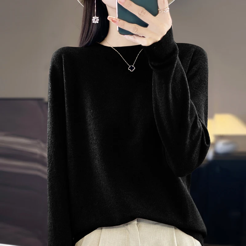 2024 Autumn/Winter New Knitted Fashion Versatile Round Neck Bottom Woolen Sweater Looks Thin Pure Wool