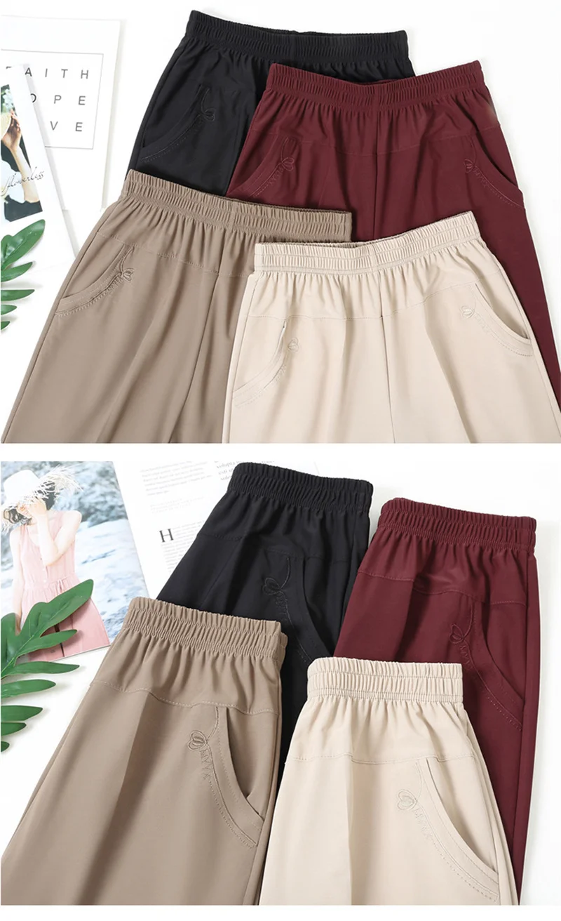 Extra Large Mom Summer Straight Pants Middle-Aged Women Elastic High Waist Grandma Ice Silk Cropped Pants Female Casual Pants