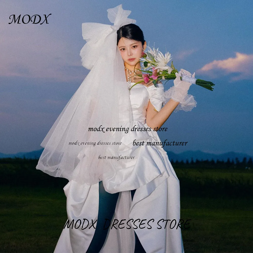 

MODX White Asymmetric Dress Satin Korean Wedding Square Neck Card Shoulder Customized Outdoor Wedding Shooting Garden Ceremony