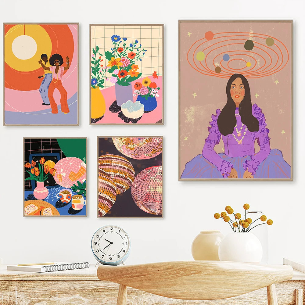 

Retro Trendy Bar Disco Ball Poster Wall Art Print Abstract Flowers Canvas Painting Girly Dorm Room Decor Cuadros Decorativos