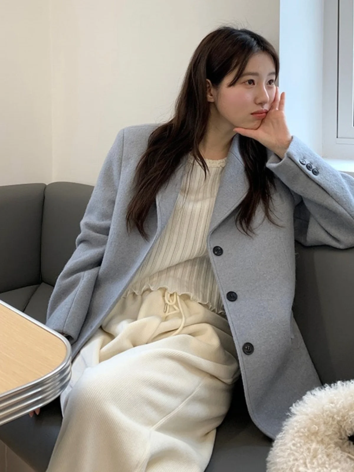 

Retro Korean Sle Women's Woolen Suit Jaet Casual Ele Faion Single Button High Quali Tweed Western Sle Coat