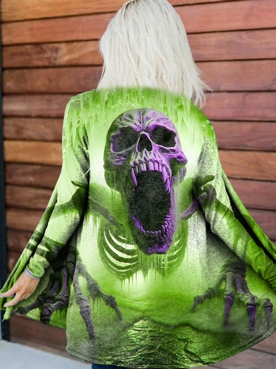 Halloween Women's 3D Print horror Skulls Long Sleeve Cardigan, Polyester Open Front, Lightweight Cover Up,Autumn Casual Coat