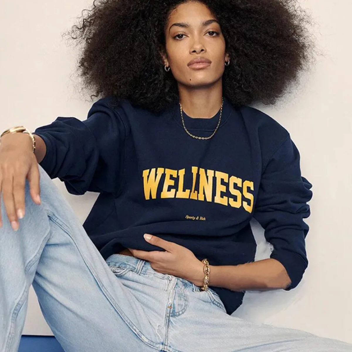 

Wellness Letters Printing Vintage Crewneck Navy Sweatshirts Long Sleeve Terry Cotton Oversized Pullover Autumn Fashion Jumpers